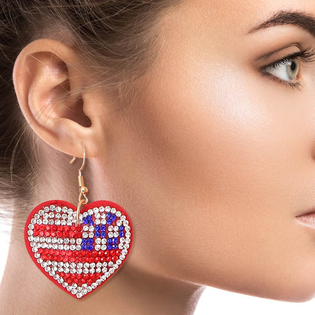 Rhinestone Heart Earrings American Flag Stylish Statement Jewelry