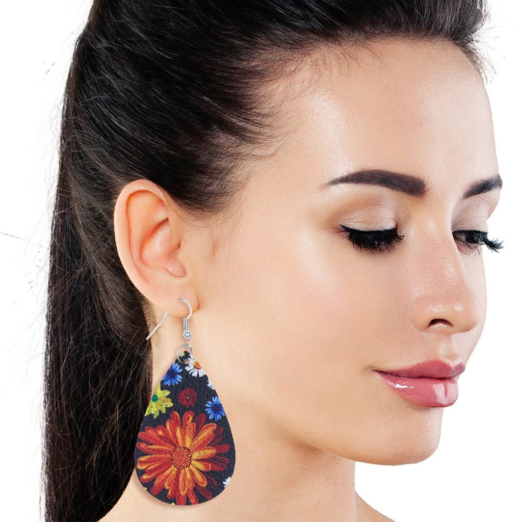 Teardrop Earrings with Multi Color Daisy Print – Stylish Statement Jewelry