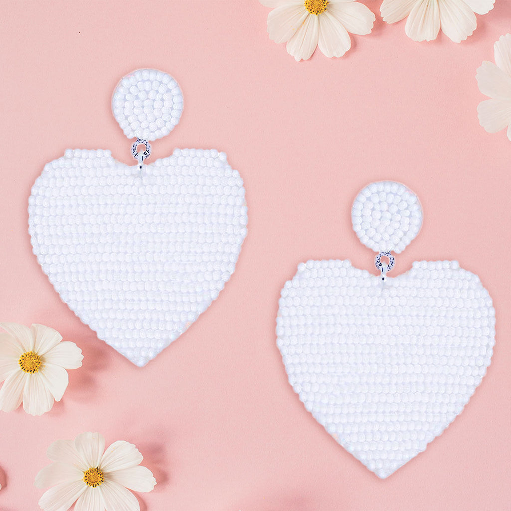 Seed Bead Heart Earrings White Stylish Statement Jewelry