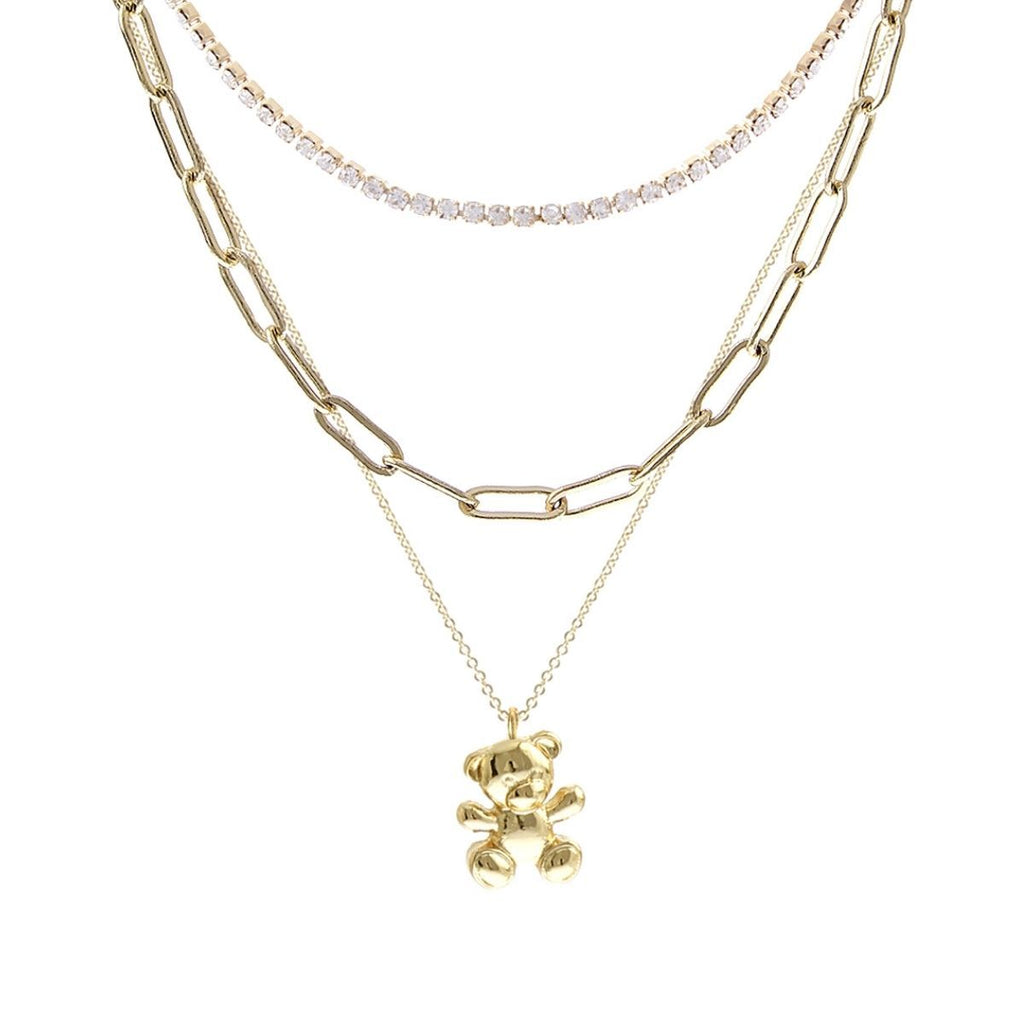 Teddy Bear Necklace Set 3 Pcs Gold Stylish Jewelry Accessory