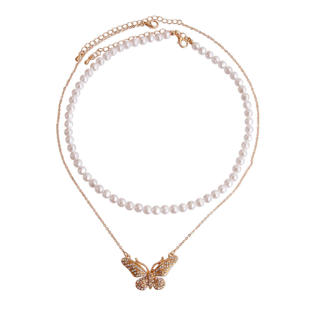 Statement Necklace 2 Pcs Gold Pearl Butterfly Trendy Jewelry Set