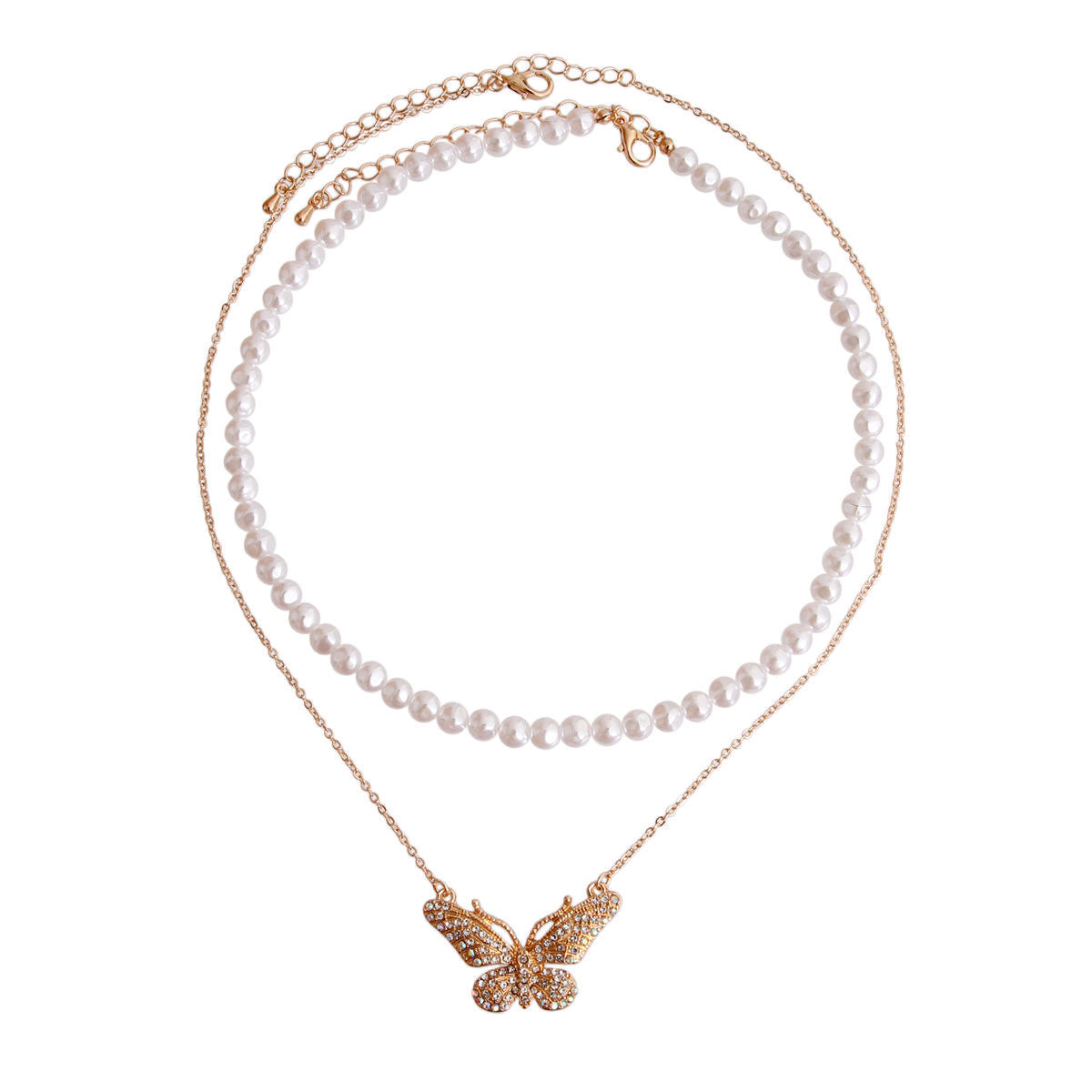 Statement Necklace 2 Pcs Gold Pearl Butterfly Trendy Jewelry Set
