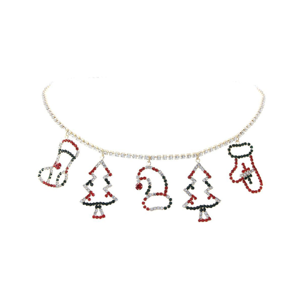 Statement Rhinestone Charm Choker Necklace in Red and Green Xmas Colors, Trendy Holiday Jewelry