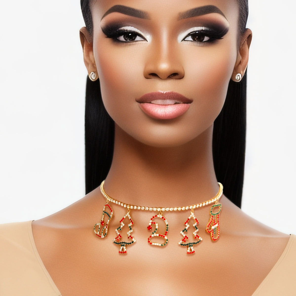 Statement Rhinestone Charm Choker Necklace in Red and Green Xmas Colors, Trendy Holiday Jewelry