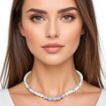 Statement Necklace Cream Pearl Blue Hand Painted Beads for Women