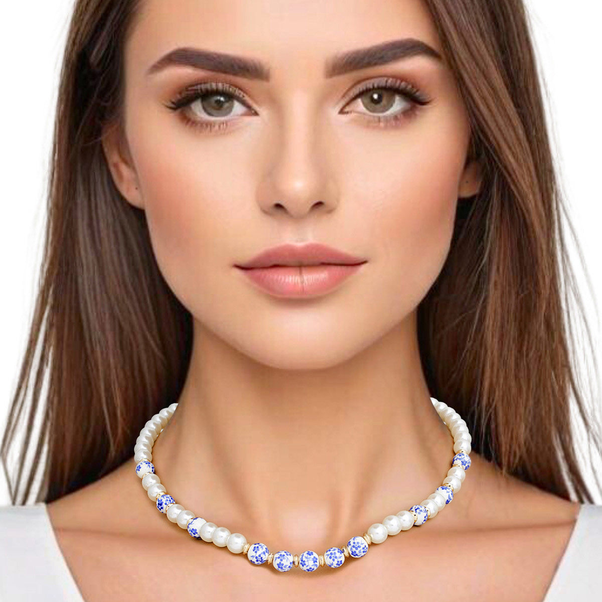 Statement Necklace Cream Pearl Blue Hand Painted Beads for Women