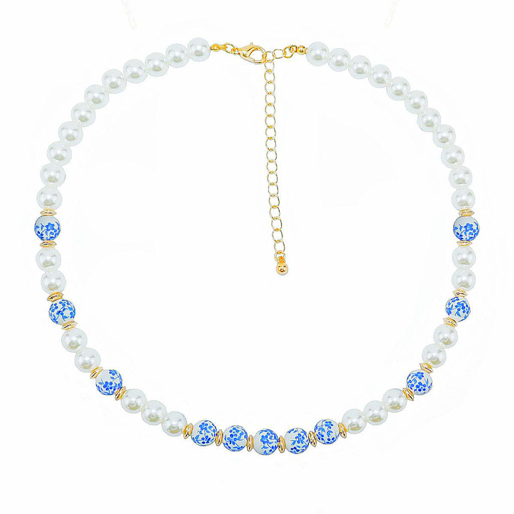 Statement Necklace Cream Pearl Blue Hand Painted Beads for Women