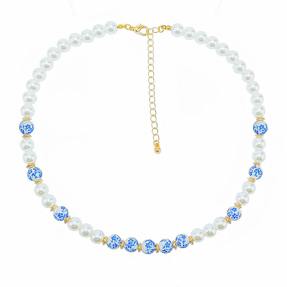 Statement Necklace Cream Pearl Blue Hand Painted Beads for Women
