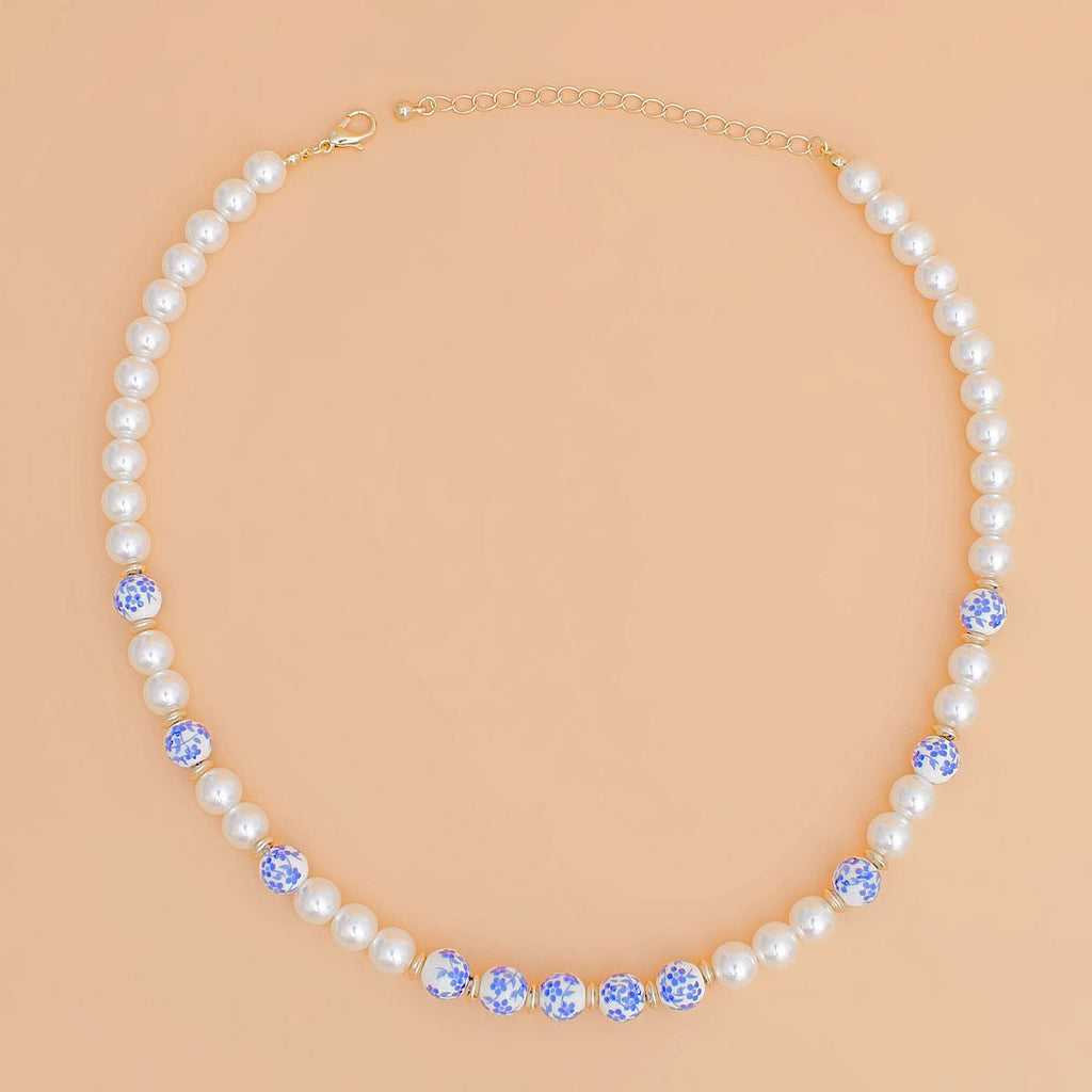 Statement Necklace Cream Pearl Blue Hand Painted Beads for Women