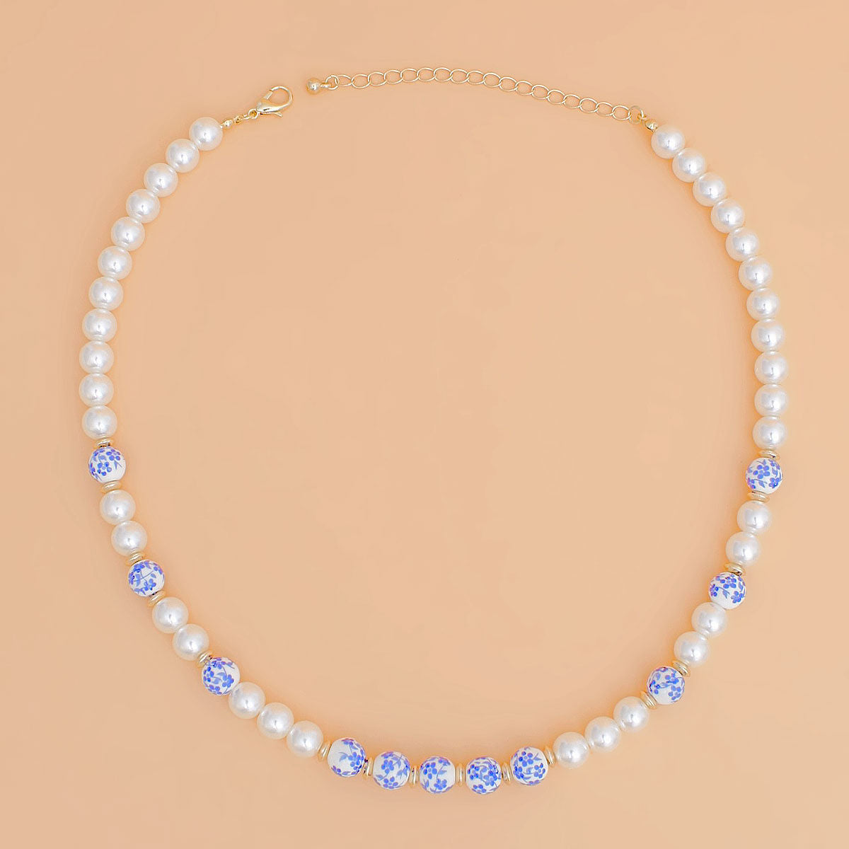 Statement Necklace Cream Pearl Blue Hand Painted Beads for Women