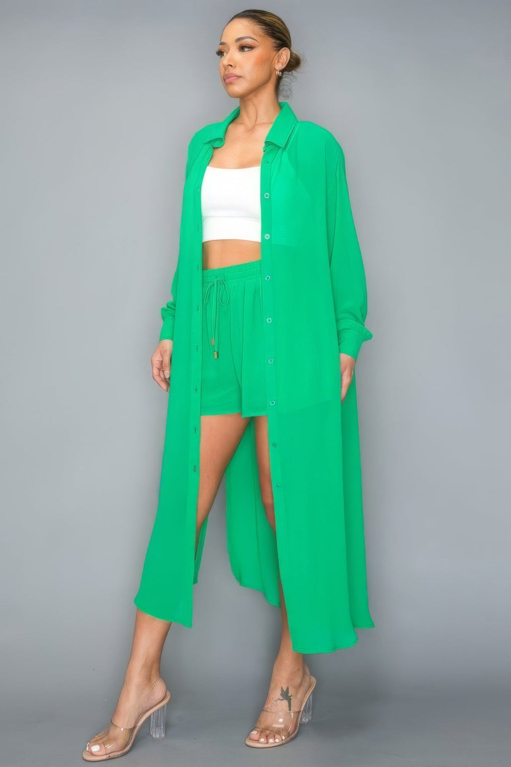 Chiffon Button Down Shorts Set