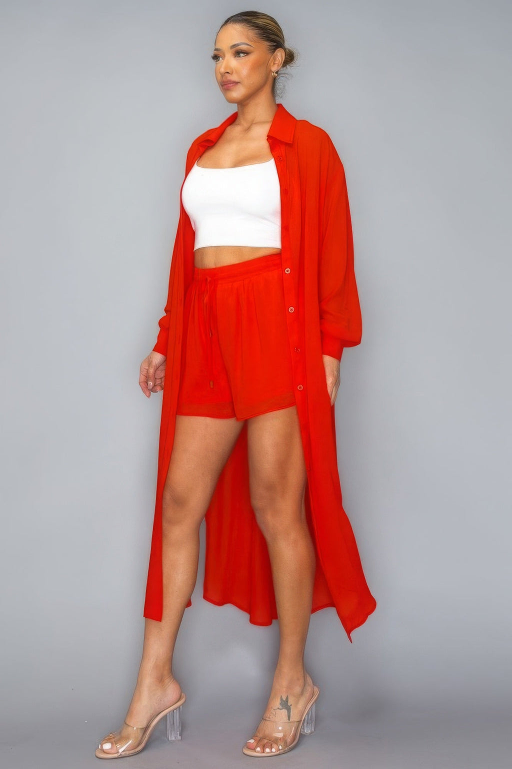 Chiffon Button Down Shorts Set