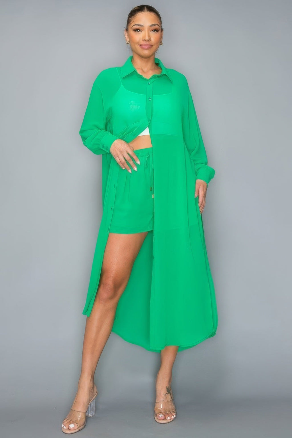 Chiffon Button Down Shorts Set