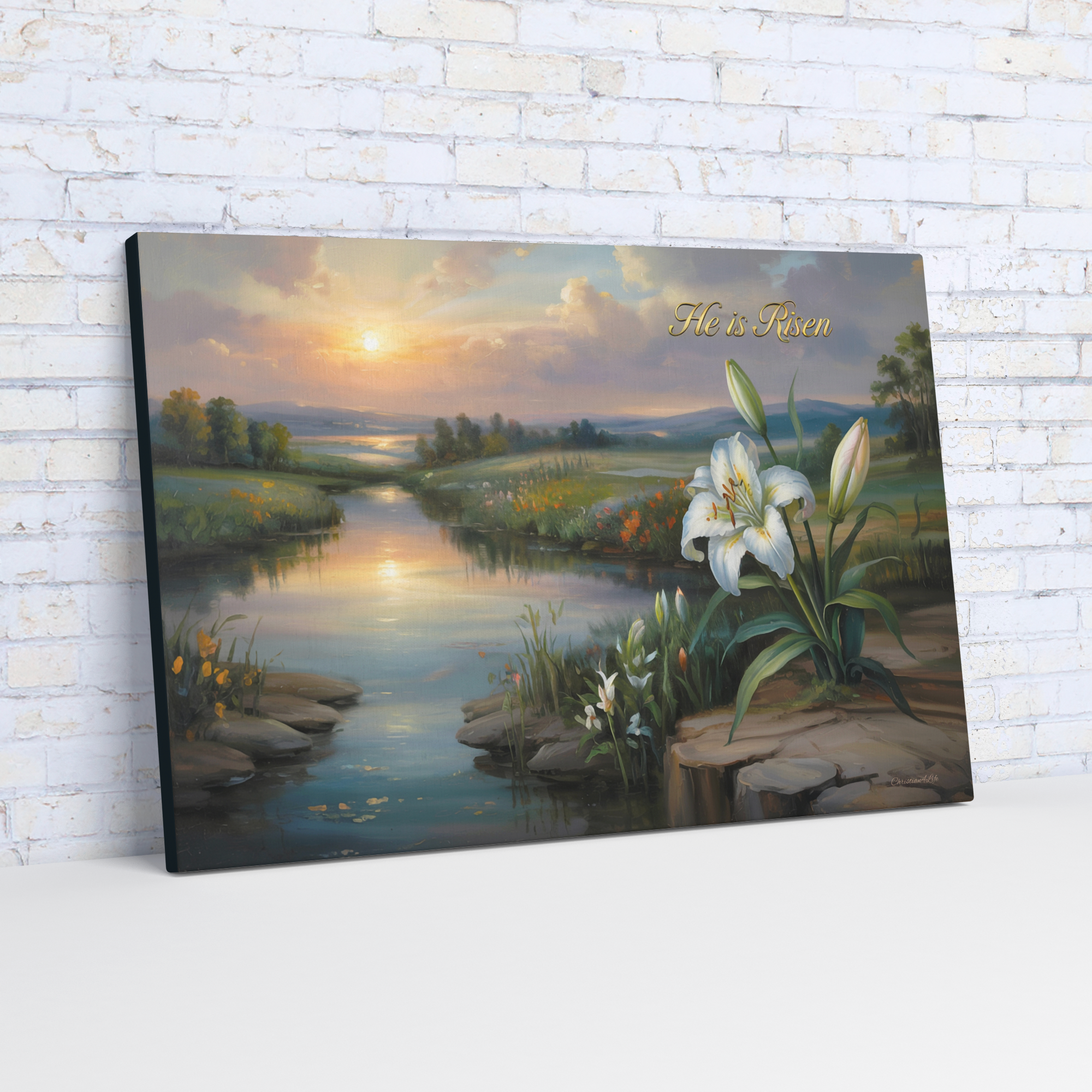 "He is Risen" - A serene sunrise landscape and lilies. Christian Easter wall art, Gallery wrapped Canvas