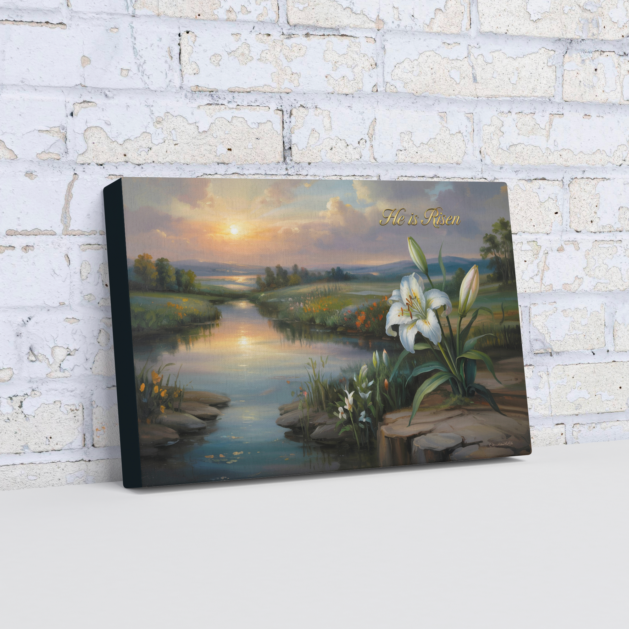 "He is Risen" - A serene sunrise landscape and lilies. Christian Easter wall art, Gallery wrapped Canvas