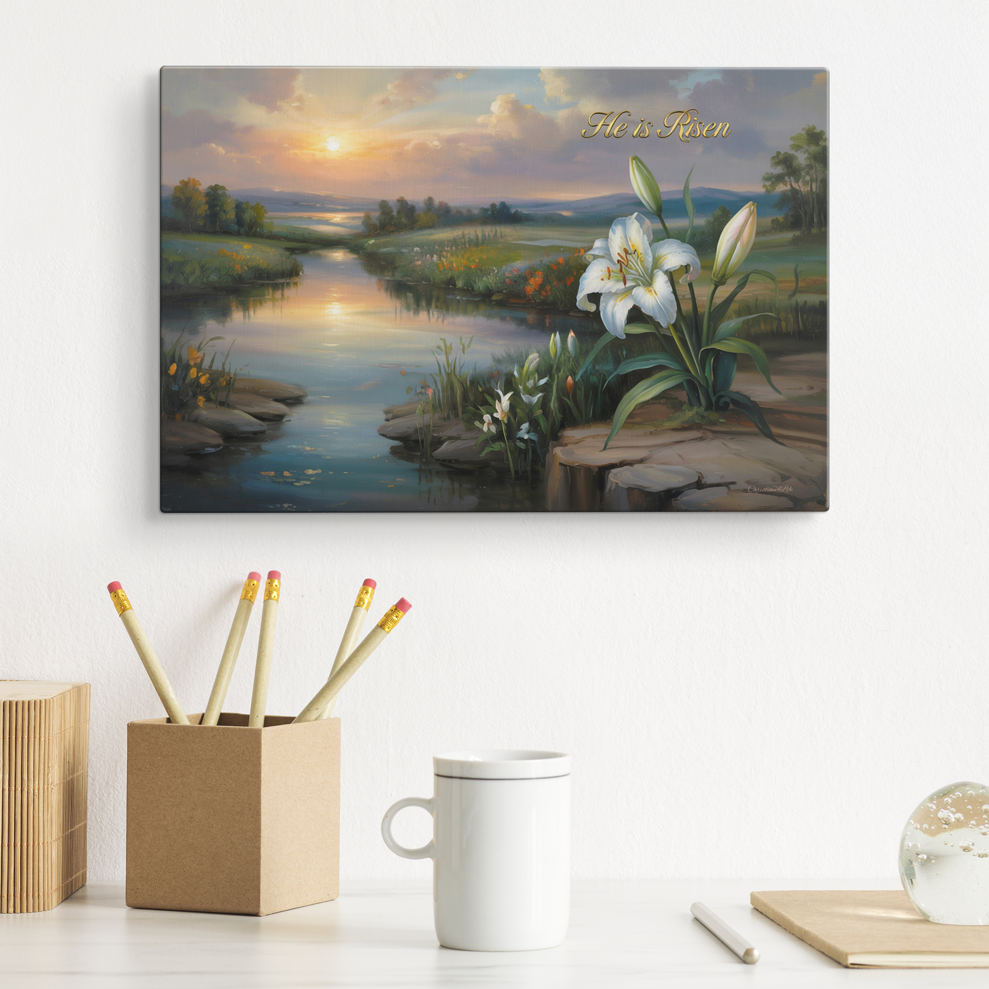 "He is Risen" - A serene sunrise landscape and lilies. Christian Easter wall art, Gallery wrapped Canvas
