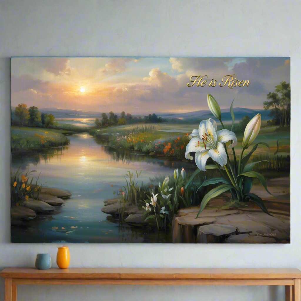 "He is Risen" - A serene sunrise landscape and lilies. Christian Easter wall art, Gallery wrapped Canvas