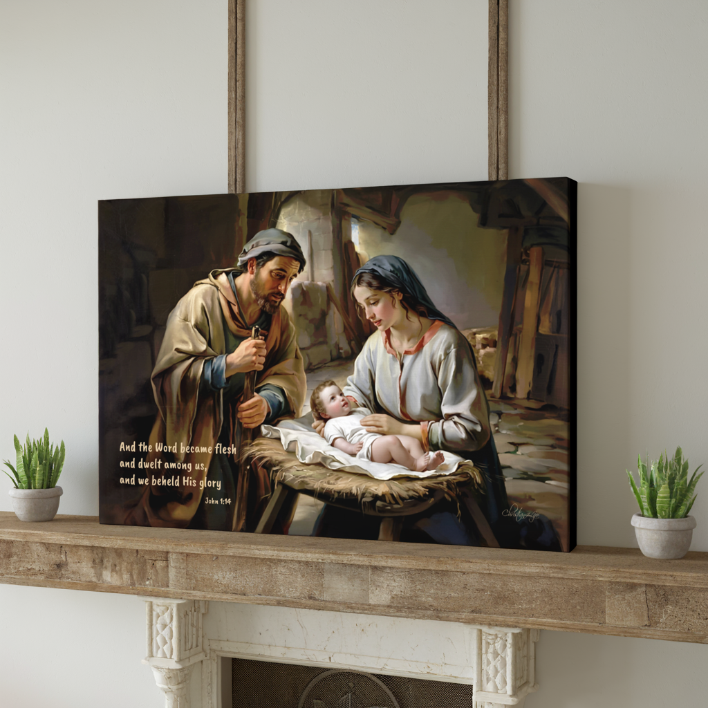 Nativity scene of Baby Jesus, Mary, and Joseph in a stable, with John 1:14 quote - Christian Art Canvas