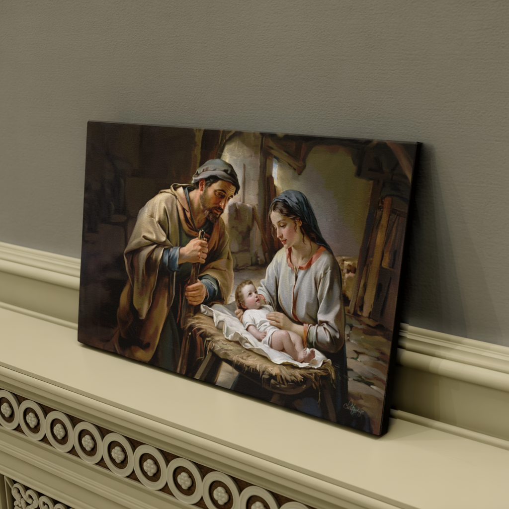 The Nativity scene of Baby Jesus, Mary and Joseph in a stable - Christian Art Canvas