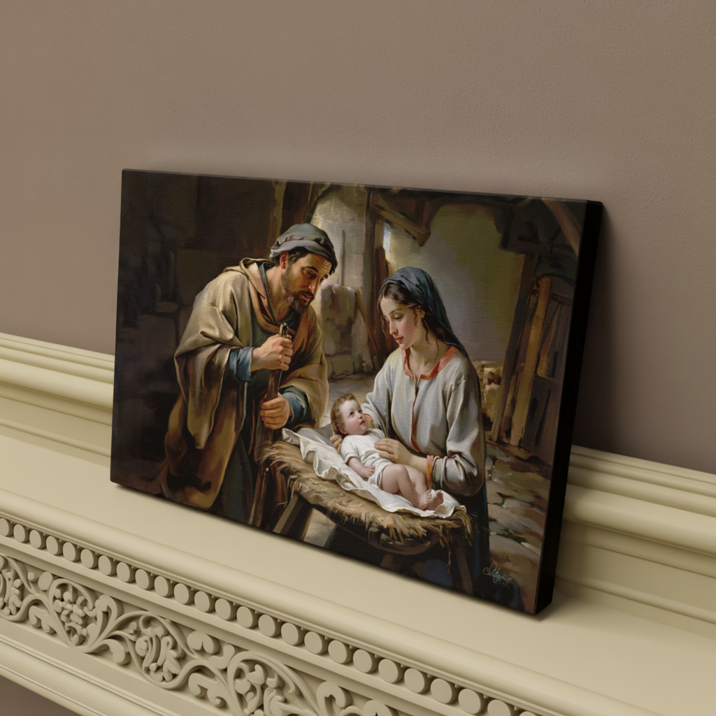 The Nativity scene of Baby Jesus, Mary and Joseph in a stable - Christian Art Canvas