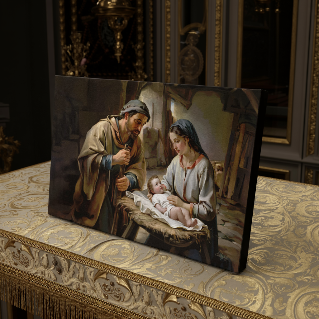 The Nativity scene of Baby Jesus, Mary and Joseph in a stable - Christian Art Canvas