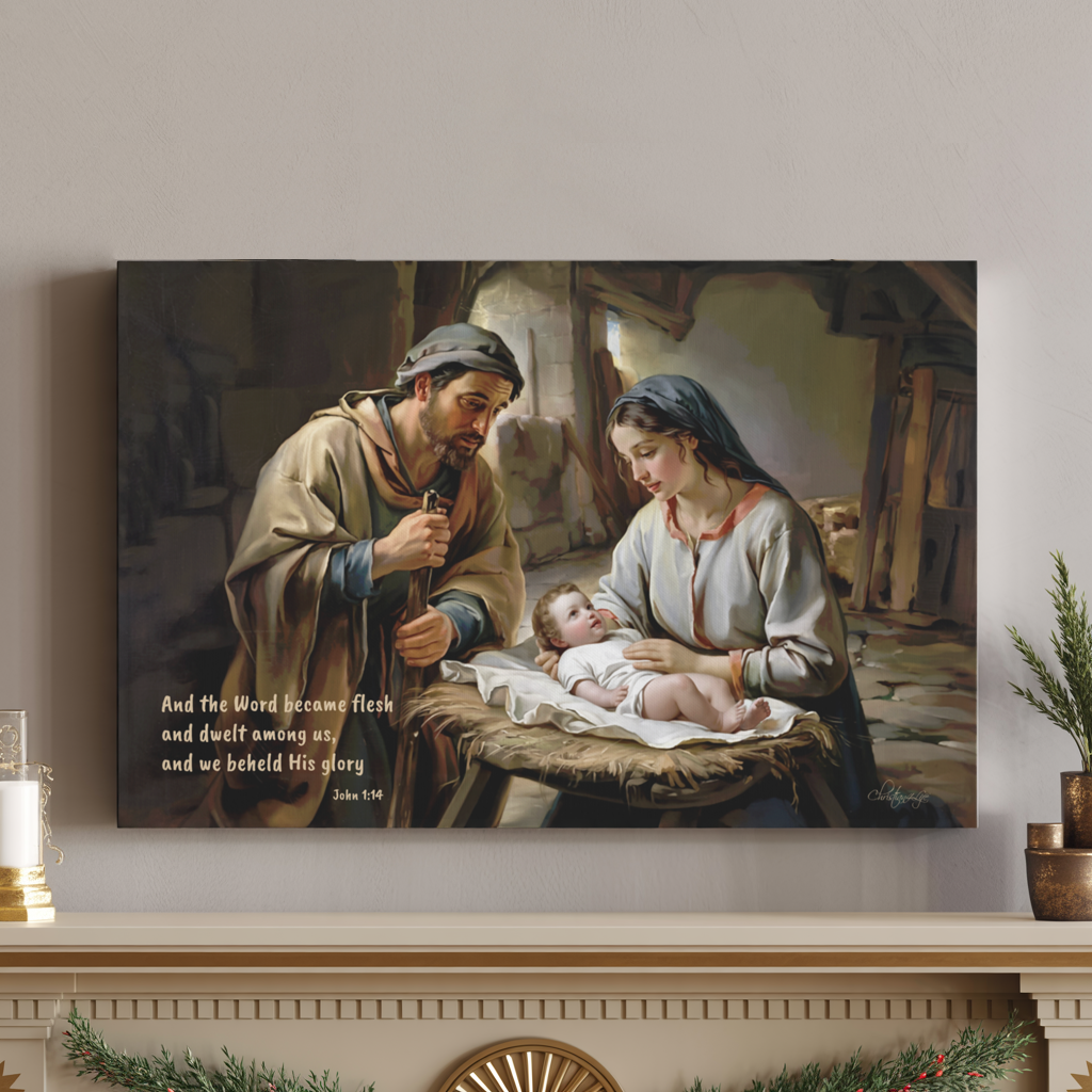 Nativity scene of Baby Jesus, Mary, and Joseph in a stable, with John 1:14 quote - Christian Art Canvas