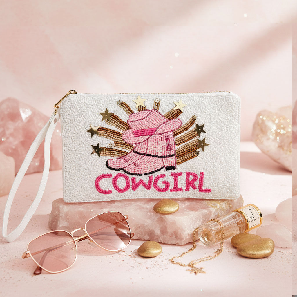 Fashion Wristlet Zipper Pouch White and Pink Cowgirl Bead Stylish Accessory