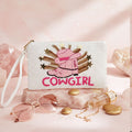 Fashion Wristlet Zipper Pouch White and Pink Cowgirl Bead Stylish Accessory