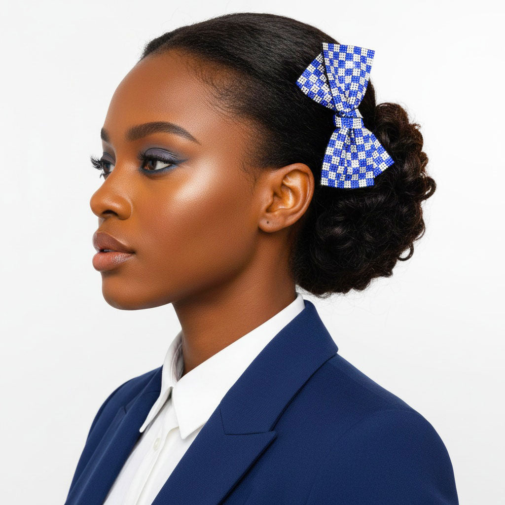 Bow Hair Clip Blue Clear Checker Stone Stylish Accessory