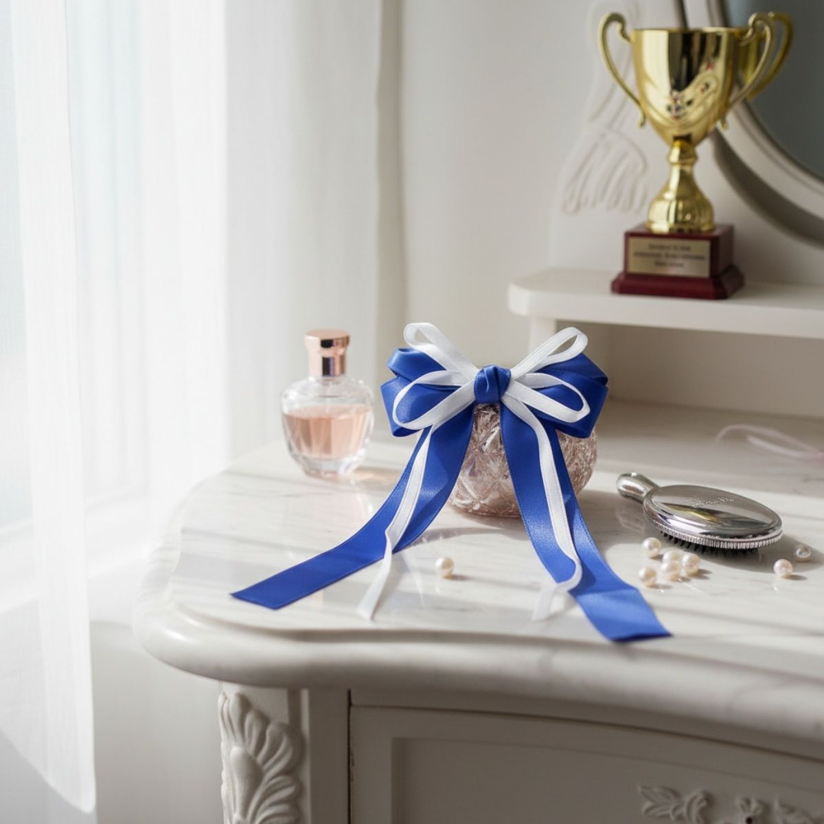 Ribbon Hair Bow Clip Blue White Stylish Fashion Accessory
