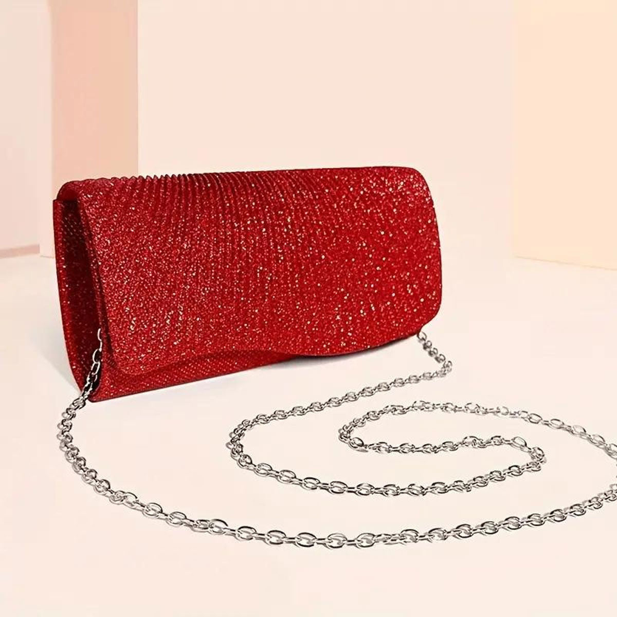 Women’s Red Ruched Clutch Evening Bag Stylish Chic Fashion Handbag