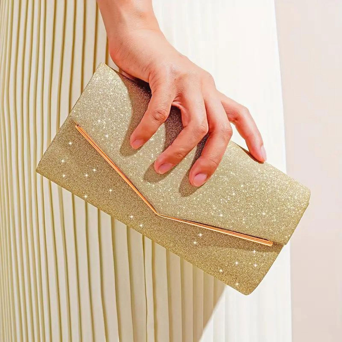 Women’s Gold Sparkle Flap Clutch Stylish Elegant Evening Bag