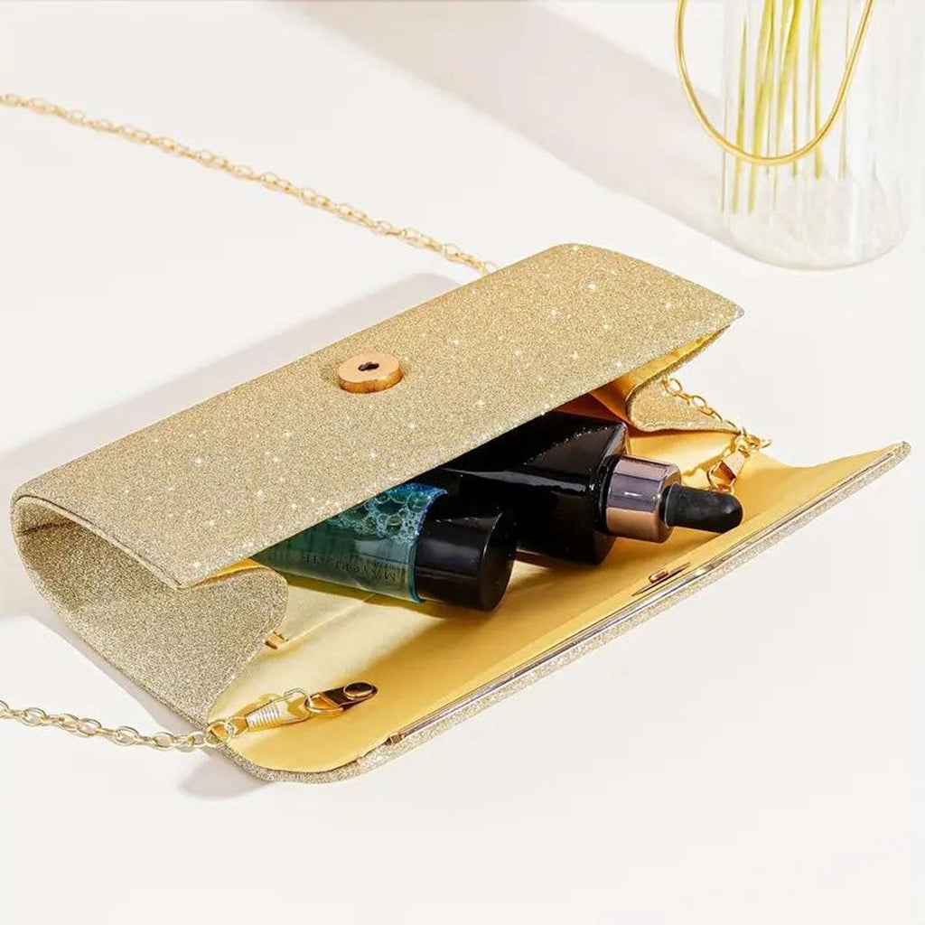 Women’s Gold Sparkle Flap Clutch Stylish Elegant Evening Bag