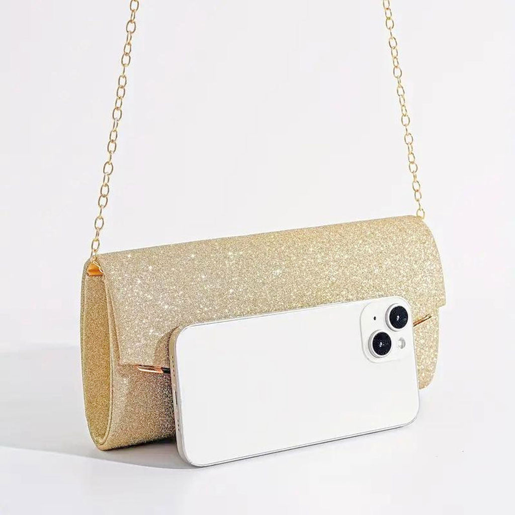Women’s Gold Sparkle Flap Clutch Stylish Elegant Evening Bag