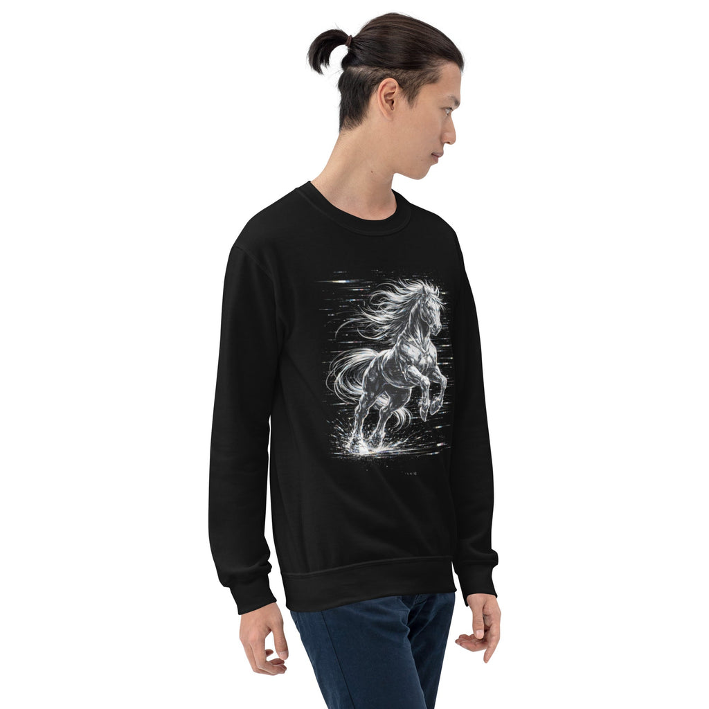 Glitched Gallop Sweatshirt – Limited Drop – Black White Cyberpunk Motion Unisex