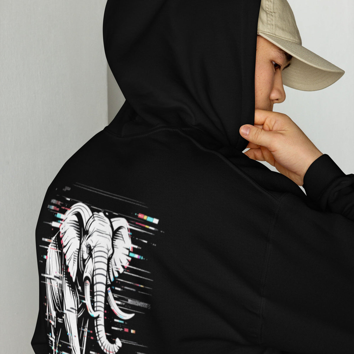 Glitched Elephant Hoodie – Limited Drop – Black White Glitch Line Art Unisex