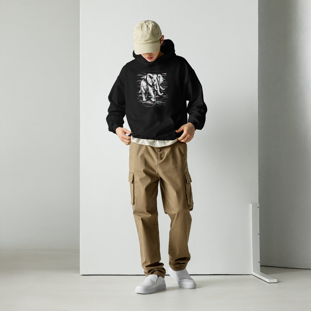 Glitched Elephant Hoodie – Limited Drop – Black White Glitch Line Art Unisex