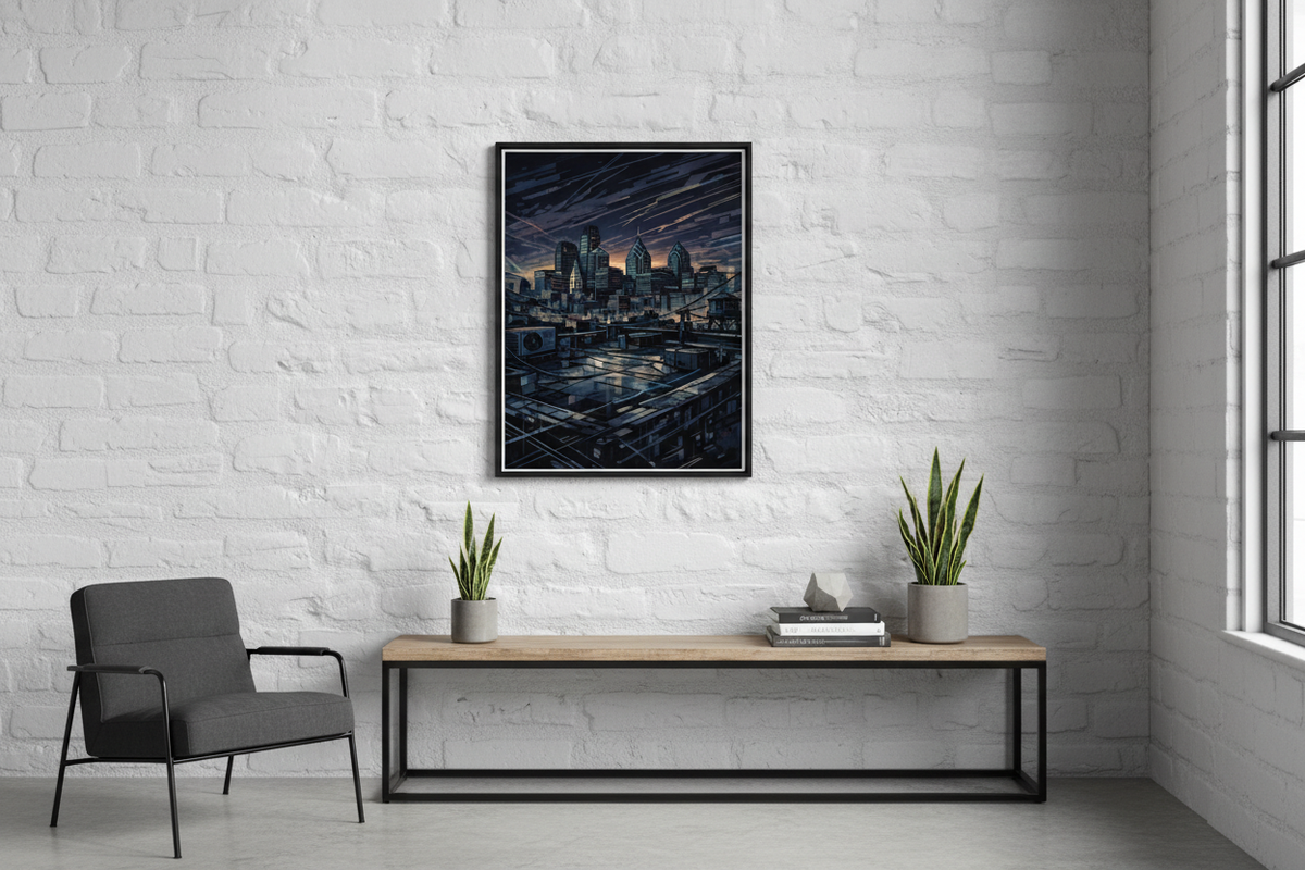 Urban Philly Rooftop Poster – Limited Drop – Philadelphia Skyline Glitch Line Art Wall Art