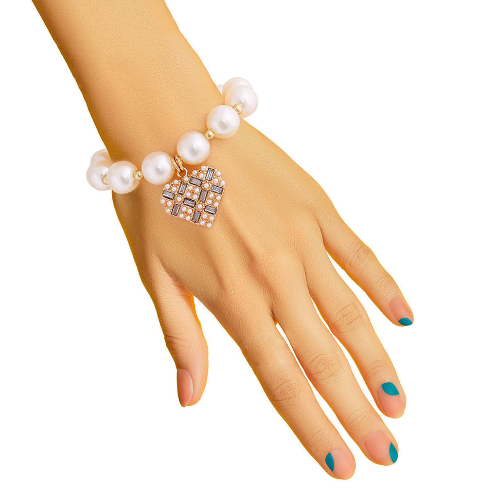Statement Pearl Stone Heart Bracelet Cream Stylish Jewelry Accessory