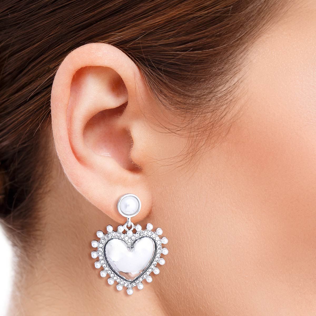 Pearl and Silver Heart Earrings Stylish Elegant Jewelry