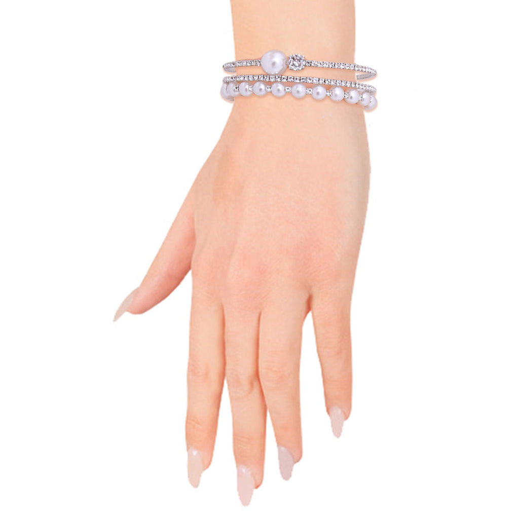 Rhinestone Cuff Bracelet Silver Pearl 3 Line Statement Jewelry
