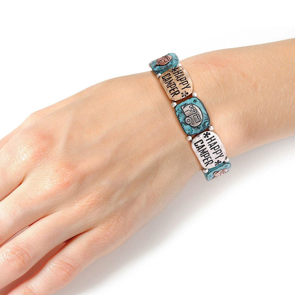 Engraved Patina Metal Bracelet Happy Camper Stylish Jewelry Accessory