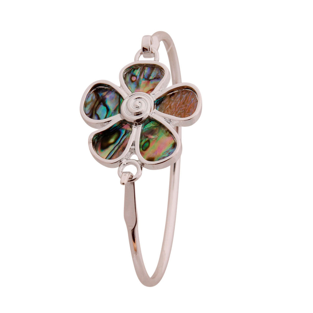Silver Bangle with Abalone Flower Accent – Stylish Statement Jewelry