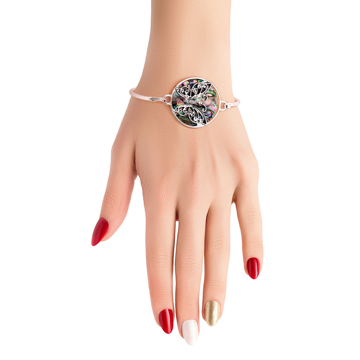 Silver Bangle with Abalone Butterfly Accent – Stylish Statement Jewelry