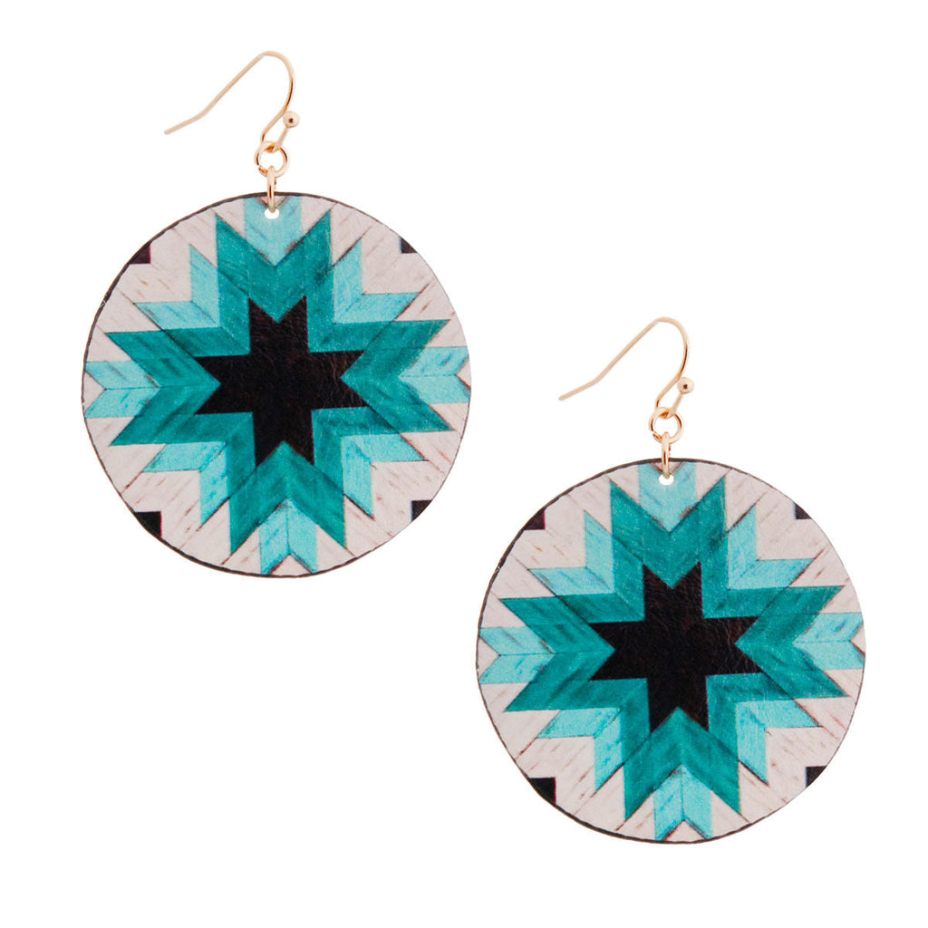 Round Turquoise Leather Earrings Stylish Sunburst Statement Jewelry