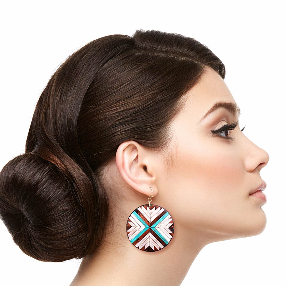 Round Brown Mosaic Leather Earrings Stylish Statement Jewelry