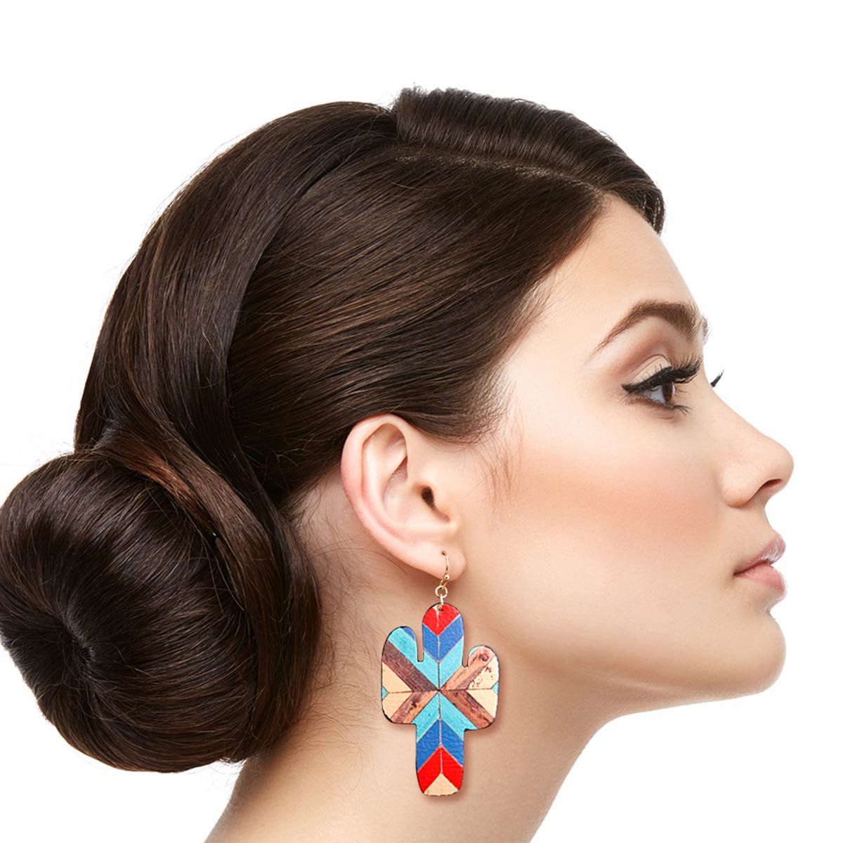 Leather Multi Mosaic Cactus Statement Earrings Stylish Fashion Jewelry