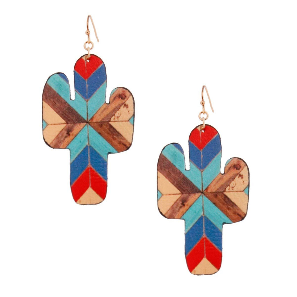 Leather Multi Mosaic Cactus Statement Earrings Stylish Fashion Jewelry