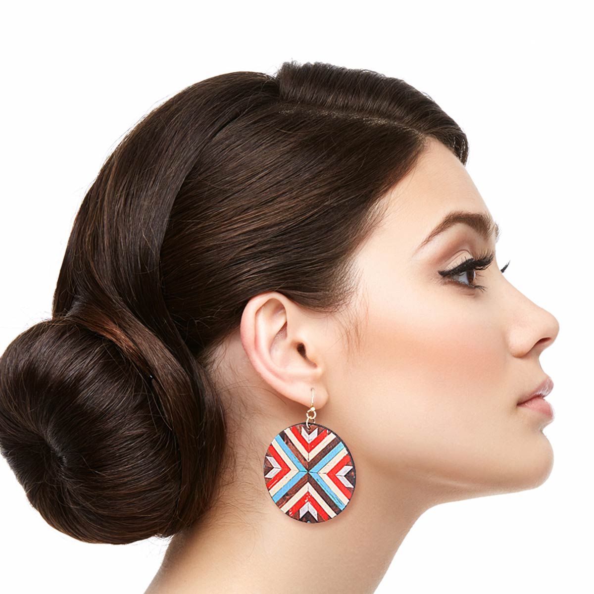 Leather Round Multi Mosaic Statement Earrings Stylish Chic Jewelry