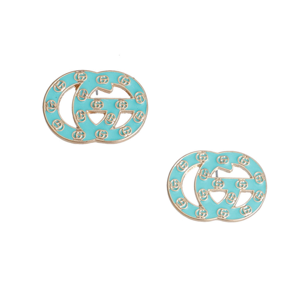 Stud Earrings Sea Green and Gold Letter Print Stylish Fashion Jewelry